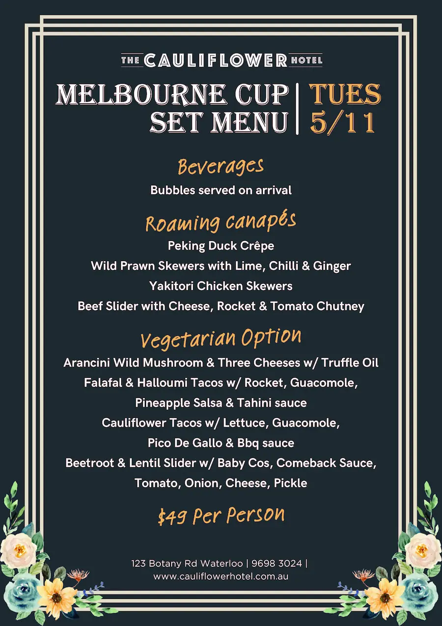 Melbourne Cup Canapes Menu for Melbourne cup at the Cauliflower Hotel, Waterloo