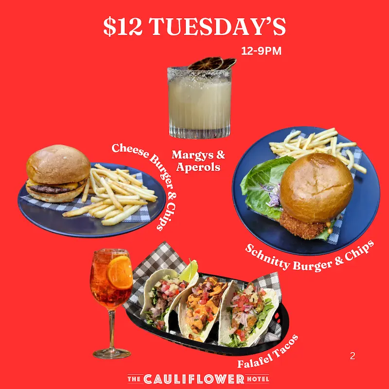 Tuck into a delicious Special every Tuesday from 5–9pm at The Cauliflower Hotel—great food, good vibes, classic pub comfort.