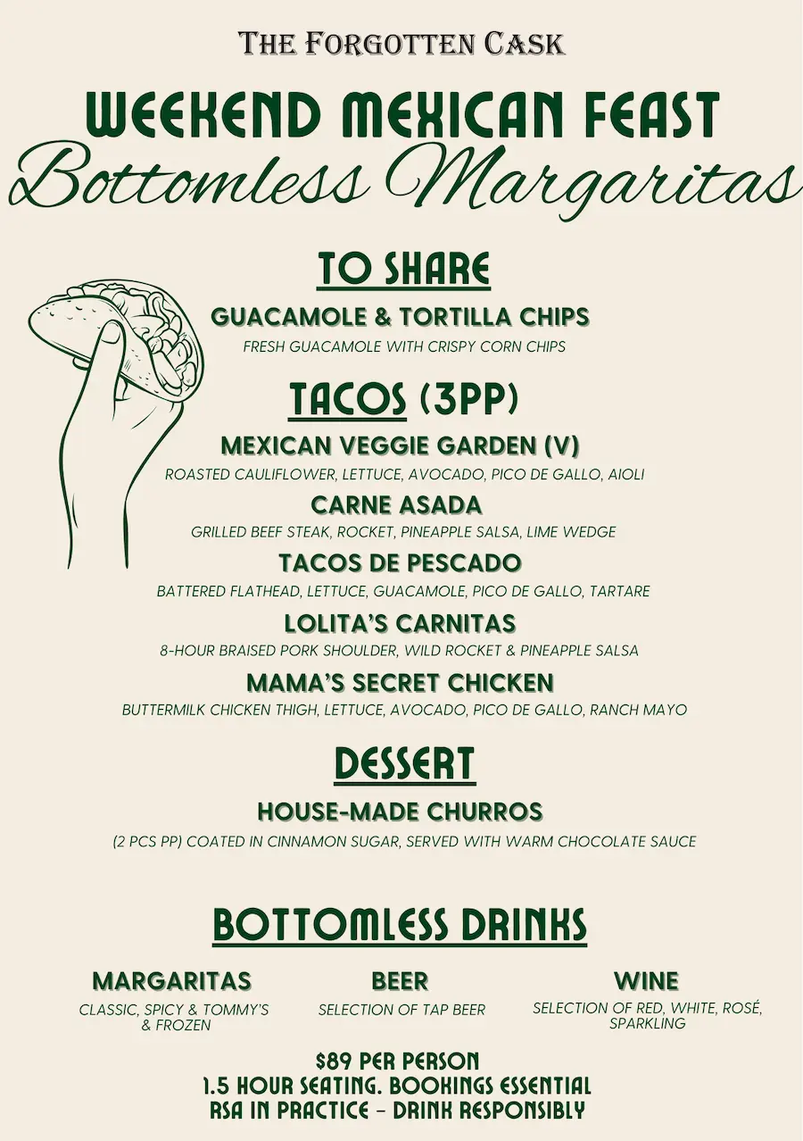 Mexican Feast Bottomless at The Cauliflower Hotel, Waterloo. Book yourself and your mates in now for delicious food & amazing drinks.